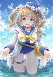 Rule 34 | 1girl, absurdres, animal bag, aqua eyes, barbara (genshin impact), barbara (summertime sparkle) (genshin impact), blonde hair, blue choker, blue hat, blue one-piece swimsuit, blue sailor collar, bow, breasts, choker, cloud, cloudy sky, covered navel, cowboy shot, day, detached sleeves, flower, frilled swimsuit, frills, genshin impact, hair ribbon, hat, hat flower, highres, hiromaster sinta jh, large breasts, leaning forward, long hair, long sleeves, looking at viewer, one-piece swimsuit, outdoors, ribbon, sailor collar, sailor hat, shirt, sky, solo, standing, swimsuit, thigh strap, thighs, twintails, wading, water, white flower, white shirt, yellow bow