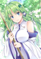 Rule 34 | 1girl, bare shoulders, blue eyes, blurry, blurry foreground, blush, breasts, broom, closed mouth, collared shirt, commentary request, day, depth of field, detached sleeves, dutch angle, frog hair ornament, fule, green hair, hair ornament, hair tubes, highres, holding, holding broom, kochiya sanae, large breasts, leaf, long hair, long sleeves, looking at viewer, outdoors, shirt, smile, snake hair ornament, solo, tareme, touhou, upper body, white shirt