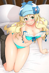 Rule 34 | 10s, 1girl, aqua bra, aqua panties, bad id, bed, bed sheet, blonde hair, blue bra, blue panties, blush, boots, bow, bow bra, bra, breast hold, breasts, cabbie hat, cordelia glauca, from above, green eyes, hat, hat bow, highres, kazuto san, knee boots, large breasts, legs, light smile, lingerie, long hair, looking at viewer, looking up, on bed, panties, pillow, sitting, solo, tantei opera milky holmes, thighs, underwear, underwear only, yokozuwari