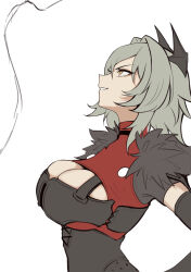 1girl absurdres black_horns breasts caesar_king_(zenless_zone_zero) cel_da_lin cleavage cleavage_cutout clothing_cutout commentary_request grey_hair highres horns korean_commentary large_breasts looking_up short_hair simple_background smile white_background yellow_eyes zenless_zone_zero