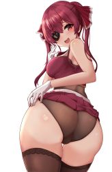 Rule 34 | 1girl, absurdres, ass, blouse, blush, breasts, brown thighhighs, clothes lift, eyepatch, from behind, gloves, hand on own hip, highres, hololive, houshou marine, houshou marine (1st costume), huge ass, k dmc8109, lace, lace-trimmed legwear, lace trim, large breasts, leaning back, leotard, leotard under clothes, looking at viewer, looking back, looking down, no panties, open mouth, pirate, red eyes, red hair, see-through, see-through leotard, shiny clothes, shiny skin, shirt, sideboob, skirt, sleeveless, sleeveless shirt, smile, solo, thighhighs, thighs, twintails, virtual youtuber, white background, white gloves