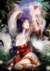 Rule 34 | 1girl, ahri (league of legends), animal ears, black hair, boots, braid, breasts, cleavage, detached sleeves, facial mark, fox ears, fox tail, heart, highres, kanmai x sou, kneeling, large breasts, league of legends, long hair, multiple tails, open mouth, single braid, tail, whisker markings, yellow eyes