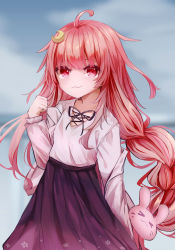 Rule 34 | 1girl, :3, ahoge, black skirt, blouse, blurry, blurry background, rabbit hair ornament, commentary request, cowboy shot, crescent, crescent hair ornament, hair ornament, hair ribbon, highres, kantai collection, logiclr, long hair, looking at viewer, official alternate costume, pink hair, pink shirt, red eyes, ribbon, shirt, skirt, smile, solo, uzuki (kancolle)