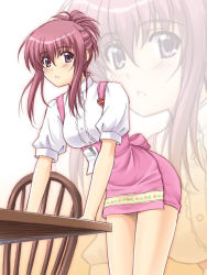Rule 34 | 00s, 1girl, anna miller, apron, bent over, chair, chikage (sister princess), masakichi (crossroad), pink hair, purple eyes, sidelocks, sister princess, solo, table, waitress, zoom layer