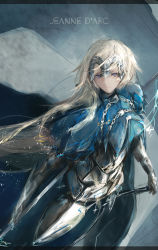 Rule 34 | 1girl, arm guards, armor, armored dress, blonde hair, chain, character name, closed mouth, commentary request, fate/apocrypha, fate (series), headpiece, highres, jeanne d&#039;arc (fate), jeanne d&#039;arc (ruler) (fate), long hair, looking at viewer, marumoru, messy hair, purple eyes, sheath, sheathed, solo, sword, weapon, yellow eyes