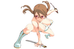 Rule 34 | 1girl, bikini, boots, breasts, brown hair, female focus, full body, glasses, katana, large breasts, oono tsutomu, original, red eyes, simple background, solo, swimsuit, sword, twintails, weapon, white background