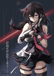 Rule 34 | 1girl, ahoge, black background, black gloves, black hair, black shirt, black skirt, blue eyes, braid, commentary request, dated, fingerless gloves, gloves, gradient background, hair flaps, hair over shoulder, highres, imminent suicide, kantai collection, knife, long hair, necktie, pleated skirt, rain, red necktie, shigure (kancolle), shigure kai san (kancolle), shirt, single braid, skirt, sleeveless, sleeveless shirt, solo, standing, tears, toms, translation request, twitter username, two-tone shirt