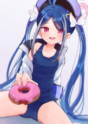 Rule 34 | 1girl, antenna hair, armband, blue archive, blue hair, blue headwear, blush, bow, doughnut, feet out of frame, food, fubuki (blue archive), hair bow, hair ornament, heart, heart hair ornament, highres, holding, holding food, jacket, long hair, looking at viewer, multicolored hair, on ground, open clothes, open jacket, open mouth, parted bangs, pink eyes, school swimsuit, sese nagi, signature, silver hair, simple background, smile, solo, spread legs, streaked hair, swimsuit, twintails, two-tone hair, white bow