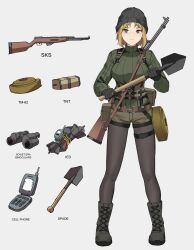 Rule 34 | 1girl, absurdres, ammunition pouch, anti-tank mine, beanie, belt, binoculars, black footwear, black gloves, black hat, black pantyhose, boots, breasts, brown belt, brown eyes, buckle, cellphone, closed mouth, combat boots, commentary, cross-laced footwear, english commentary, english text, entrenching tool, explosive, flip phone, full body, gar32, gloves, green footwear, green shorts, green sweater, gun, gun sling, hat, highres, holding, holding shovel, improvised weapon, lace-up boots, large breasts, light brown hair, light frown, long sleeves, looking at viewer, medium breasts, military, military uniform, mine (weapon), original, pantyhose, phone, pouch, rifle, serious, shorts, shovel, simple background, sks, snap-fit buckle, solo, soviet, standing, sweater, thigh strap, tnt, turtleneck, turtleneck sweater, uniform, weapon, weapon name, weapon on back, white background