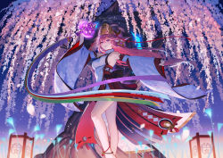 Rule 34 | 1girl, anklet, armpits, breasts, cherry blossoms, detached sleeves, esukee, floral print, genshin impact, hat, highres, holding, jewelry, legs, long hair, looking at viewer, medium breasts, nontraditional miko, outstretched arm, pink eyes, pink hair, solo, standing, twitter username, wide sleeves, yae miko