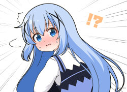 Rule 34 | !?, 1girl, ^^^, blue eyes, blue hair, blue vest, blush, commentary request, emphasis lines, gochuumon wa usagi desu ka?, hair between eyes, hair ornament, kafuu chino, long hair, looking at viewer, looking to the side, mitya, nose blush, parted lips, rabbit house uniform, shirt, simple background, solo, sweat, uniform, very long hair, vest, waitress, white background, white shirt, x hair ornament