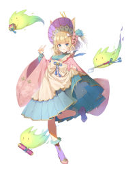 Rule 34 | 1girl, animal ears, apron, apron lift, blonde hair, blue dress, blue eyes, blunt bangs, bonnet, breasts, cape, clothes lift, collared dress, creature, dress, frilled socks, frills, heel up, high heels, highres, holding, lifting own clothes, light particles, looking at viewer, m/, multicolored eyes, original, parted lips, pink cape, pink footwear, pleated dress, purple headwear, purple socks, sakura (superbunnys), short hair, simple background, small breasts, socks, solo, standing, standing on one leg, tachi-e, white background, yellow eyes