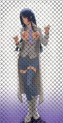 Rule 34 | 1girl, absurdres, against fence, artist request, blue hair, blue thighhighs, blush, boots, bra, bra pull, breasts, breasts out, chain-link fence, clothes pull, coat, female focus, fence, full body, gintama, gradient background, highres, hime cut, imai nobume, jacket, large breasts, long hair, long sleeves, looking at viewer, nipples, open clothes, open shirt, parted bangs, puffy nipples, red eyes, scarf, shadow, shirt, short shorts, shorts, solo, standing, thighhighs, underwear, white background, white bra, white footwear, white jacket, white shirt