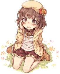 Rule 34 | 1girl, 7010, beret, blush, boots, bow, brown dress, brown eyes, brown footwear, brown hair, brown hat, brown jacket, brown rose, collared dress, dress, flower, frilled dress, frills, full body, hand up, hat, hat bow, hat flower, idolmaster, idolmaster cinderella girls, jacket, kita hinako, long sleeves, looking at viewer, open clothes, open jacket, red bow, shirt, sitting, sleeves past wrists, smile, solo, wariza, white background, white shirt