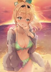 Rule 34 | absurdres, beach, bikini, blush, breasts, cleavage, collarbone, frilled bikini, frills, hair ornament, hand on own cheek, hand on own face, highres, hololive, holox, jacket, kazama iroha, looking at viewer, medium breasts, ocean, open clothes, open jacket, open mouth, smile, sunset, swimsuit, thighs, yasei no nora