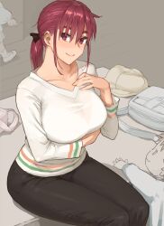 1girl black_pants blush breasts child hand_on_own_chest large_breasts long_sleeves looking_at_viewer medium_hair original pants ponytail red_eyes red_hair shirt shoe-ji sitting smile solo_focus thick_eyebrows white_shirt