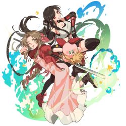 Rule 34 | 1boy, 2girls, aerith gainsborough, arm behind head, bare shoulders, black bra, black gloves, black hair, black skirt, black thighhighs, blonde hair, boots, bra, braid, braided ponytail, breasts, brown footwear, brown hair, buster sword, choker, cleavage, cloud strife, copy ability, crop top, cropped jacket, dress, earrings, elbow gloves, elbow pads, final fantasy, final fantasy vii, full body, gloves, green eyes, grin, hair ribbon, highres, holding, holding staff, jacket, jewelry, kirby, kirby (series), large breasts, long dress, long hair, looking at viewer, materia, medium breasts, midriff, multiple girls, nintendo, one eye closed, parted bangs, pink dress, pink ribbon, pokashi, red eyes, red footwear, red jacket, ribbon, shirt, short sleeves, sidelocks, skirt, smile, spiked hair, sports bra, square enix, staff, star (symbol), suspenders, teeth, thighhighs, tifa lockhart, tongue, tongue out, underwear, white background, white shirt