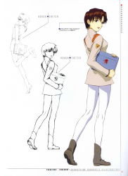 Rule 34 | 1girl, boots, brown eyes, brown hair, computer, concept art, female focus, full body, hat, highres, ibuki maya, jpeg artifacts, laptop, looking at viewer, looking back, multiple views, neon genesis evangelion, non-web source, open mouth, pantyhose, partially colored, pencil skirt, short hair, simple background, skirt, smile, translation request, uniform