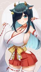 Rule 34 | 1girl, absurdres, ahoge, amano nene (vtuber) (shrine maiden), amano nene (vtuber), animal ears, black hair, blue eyes, blue hair, blush, bow, breasts, cleavage, colored inner hair, cow ears, cow girl, cow horns, ear tag, hair over one eye, hakama, hakama short skirt, hakama skirt, highres, horns, japanese clothes, large breasts, long hair, multicolored hair, nontraditional miko, production kawaii, red skirt, sash, second-party source, shadow, sideboob, skirt, solo, thighhighs, uni (maru231), virtual youtuber, white thighhighs, wide sleeves, yellow bow, yellow sash, zettai ryouiki