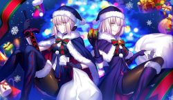 Rule 34 | 2girls, artoria pendragon (all), artoria pendragon (fate), black footwear, black gloves, black legwear, blonde hair, boots, breasts, cape, cosplay, excalibur morgan (fate), fate/grand order, fate (series), fur-trimmed boots, fur trim, fuyuki (neigedhiver), gift, gloves, grin, hat, highres, holding, holding sword, holding weapon, jeanne d&#039;arc (fate), jeanne d&#039;arc (ruler) (fate), jeanne d&#039;arc alter (avenger) (fate), jeanne d&#039;arc alter (fate), knee boots, looking at viewer, medium breasts, multiple girls, pantyhose, saber (fate), saber alter, sack, santa alter, santa alter (cosplay), santa hat, short hair, smile, sword, thigh boots, thighhighs, weapon, yellow eyes