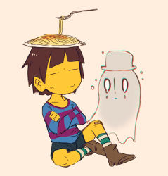 Rule 34 | = =, androgynous, bad id, bad pixiv id, bandages, bandaid, bandaid on knee, bandaid on leg, chromatic aberration, colored skin, crossed arms, crying, food, frisk (undertale), gender request, ghost, hat, hscatter, napstablook, pasta, shirt, simple background, sitting, socks, spaghetti, striped clothes, striped legwear, striped shirt, striped socks, undertale, yellow skin
