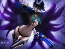Rule 34 | 1girl, alternate hair length, alternate hairstyle, bayonetta, bayonetta, bayonetta (series), bayonetta 2, boots, breasts, cleavage, glasses, gloves, gun, lolliedrop, short hair, solo, thigh boots, thighhighs, weapon