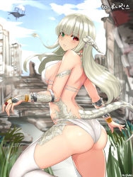 Rule 34 | 10s, 1girl, artist name, ass, au ra, back, bikini, blue sky, blunt bangs, blush, bracelet, breasts, cloud, cloudy sky, day, dragon horns, dragon tail, earrings, eyebrows, final fantasy, final fantasy xiv, grass, green eyes, heterochromia, horns, jewelry, knee up, long hair, looking at viewer, looking back, medium breasts, outdoors, parted lips, red eyes, ring, scales, shaojiang, sideboob, silver hair, sky, solo, swimsuit, tail, teeth, thighhighs, thighs, warrior of light (ff14), white bikini, white thighhighs