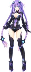 Rule 34 | 10s, 1girl, black thighhighs, blue eyes, boots, braid, breasts, cleavage, cleavage cutout, clothing cutout, covered navel, expressionless, female focus, flipped hair, full body, gloves, hair ornament, halterneck, highres, kami jigen game neptune v, leotard, long hair, magical girl, neon trim, neptune (neptunia), neptune (series), official art, power symbol-shaped pupils, purple hair, purple heart (neptunia), solo, standing, symbol-shaped pupils, thigh boots, thighhighs, transparent background, tsunako, turtleneck, twin braids, vambraces, very long hair
