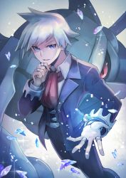 Rule 34 | 1boy, belt, belt buckle, black pants, blue eyes, buckle, collared shirt, commentary request, creatures (company), game freak, gem, gen 3 pokemon, grey hair, hand on own chin, hand up, highres, jacket, jewelry, long sleeves, looking at viewer, male focus, metagross, necktie, nintendo, pants, parted lips, pokemon, pokemon (creature), pokemon oras, red necktie, ring, shirt, short hair, smile, sparkle, spiked hair, steven stone, stroking own chin, vest, zeroki (izuno)