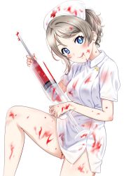 Rule 34 | 1girl, :q, alternate hairstyle, blood, blood from mouth, blood in hair, blood on clothes, blood on face, blood on hands, blood on leg, blood stain, blue eyes, blush, breasts, grey hair, hair between eyes, hat, highres, knee up, leg up, looking at viewer, love live!, love live! sunshine!!, medium breasts, nurse, nurse cap, oversized object, sankuro (agoitei), short hair, sidelocks, simple background, skirt, solo, standing, standing on one leg, syringe, thighs, tongue, tongue out, watanabe you, white background, white skirt