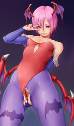 Rule 34 | 1girl, akamaru, bare shoulders, bat wings, capcom, censored, female focus, flat chest, gradient background, highres, leotard, lilith aensland, nail polish, pantyhose, purple hair, pussy, red eyes, short hair, solo, torn clothes, torn pantyhose, v, vampire (game), wings