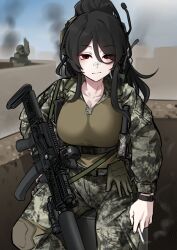 Rule 34 | 1girl, 1other, absurdres, ammunition pouch, assault rifle, bandaid, bandaid on face, bandaid on nose, bandit-chan (k0ng), black hair, blue sky, box, breasts, building, camouflage, camouflage jacket, camouflage pants, chest harness, cigarette, cityscape, collarbone, day, empty eyes, expressionless, gloves, green gloves, green shirt, gun, hair between eyes, hair intakes, hand on own hip, harness, headset, high ponytail, highres, holding, holding cigarette, jacket, k0ng, knee pads, large breasts, long hair, looking at viewer, military uniform, on box, open clothes, open jacket, original, outdoors, pants, pouch, radio, red eyes, rifle, shirt, sidelocks, single knee pad, sitting, sitting on box, sky, smoke, suppressor, tsurime, uniform, unworn gloves, war, watch, weapon, wristwatch