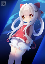 Rule 34 | 1girl, azur lane, bloomers, blush, bow, brown eyes, camisole, crying, crying with eyes open, fei yuen (azur lane), fei yuen (flying clouds flailing pranks) (azur lane), hair bow, hair ornament, hair rings, hairclip, long hair, official alternate costume, red camisole, ribbon, sakamarujp, solo, tears, thighs, twintails, underwear, white bloomers, white hair