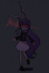 Rule 34 | 1girl, animal ears, bags under eyes, black background, black jacket, brown footwear, buttons, collared shirt, crescent, crescent moon, crescent pin, glowing, glowing eyes, hair between eyes, jacket, long hair, long sleeves, moon, n0een, necktie, open mouth, pin, pink skirt, purple hair, rabbit ears, rabbit girl, red eyes, red necktie, reisen udongein inaba, shaded face, shadow, shirt, shoes, simple background, skirt, socks, touhou, very long hair, white fur, white shirt, white socks