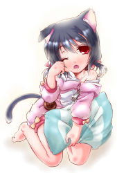 Rule 34 | 10s, 1girl, animal ears, black hair, blush, buttons, cat ears, cat tail, dog days, gradient background, highres, kanon (kurogane knights), low twintails, noir vinocacao, off shoulder, one eye closed, open mouth, pajamas, pillow, red eyes, rubbing eyes, seiza, short hair, sitting, sleepy, solo, tail, twintails, wink, zipper