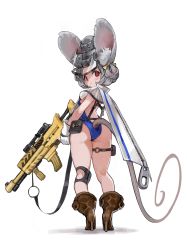 Rule 34 | 1girl, absurdres, animal ears, ass, boots, breasts, brown footwear, closed mouth, from behind, full body, gloves, grey hair, grey headwear, gun, high heel boots, high heels, highleg, highres, holding, holding gun, holding weapon, kkaebing, light smile, looking at viewer, looking back, mouse ears, mouse girl, mouse tail, pouch, red eyes, short hair, simple background, small breasts, standing, swimsuit, tail, thigh strap, thighs, weapon, weapon request, white background, white gloves