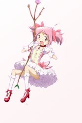 Rule 34 | 10s, 1girl, bow (weapon), bubble skirt, gloves, highres, kaname madoka, kinfuji, magical girl, mahou shoujo madoka magica, mahou shoujo madoka magica (anime), open mouth, pink eyes, pink hair, short hair, short twintails, simple background, skirt, solo, twintails, weapon, white gloves