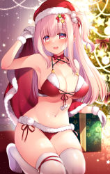 Rule 34 | 1girl, bare shoulders, bikini, blurry, blurry background, blush, box, breasts, cape, christmas, christmas tree, cleavage, collarbone, commentary request, female focus, fur-trimmed bikini, fur-trimmed cape, fur-trimmed gloves, fur trim, gift, gift box, gloves, hair between eyes, hair ornament, hat, highres, holding, holding cape, holding clothes, indoors, long hair, looking at viewer, matching hair/eyes, medium breasts, miharu (ringo sui), navel, one side up, open mouth, original, paid reward available, pink eyes, pink hair, red bikini, red cape, red neckwear, ringo sui, santa bikini, santa costume, santa hat, seiza, sidelocks, sitting, skindentation, solo, swimsuit, thighhighs, white gloves, white thighhighs