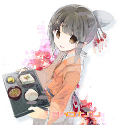 Rule 34 | 1girl, black hair, bowl, brown eyes, brown hair, character name, chopsticks, daikon, food, food request, from above, fruit punch, hair ornament, hair up, inazuma eleven, inazuma eleven (series), inazuma eleven go, inazuma eleven go chrono stone, japanese clothes, kimono, long hair, looking at viewer, okatsu (inazuma eleven), open mouth, radish, rice, solo, tray