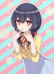 Rule 34 | + +, 1girl, :o, black hair, blue skirt, blush, bow, diagonal stripes, floral background, frilled shirt collar, frills, hair between eyes, hair bow, hair over shoulder, hands up, highres, idolmaster, idolmaster shiny colors, long hair, long sleeves, low twintails, morino rinze, neck ribbon, parted lips, pleated skirt, red bow, red eyes, red ribbon, ribbon, shirt, skirt, solo, striped, striped background, tadanoshi kabane, twintails, yellow shirt