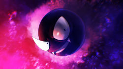 Rule 34 | absurdres, black eyes, blurry, chromatic aberration, commentary, creatures (company), energy, fangs, fangs out, full body, game freak, gastly, gen 1 pokemon, higa-tsubasa, highres, nintendo, no humans, open mouth, pokemon, pokemon (creature), smile, solo