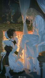 Rule 34 | 2girls, absurdres, apron, artist name, barefoot, black hair, blonde hair, blue eyes, blush, closed mouth, curtains, dress, eye contact, feet, fireplace, from side, highres, indoors, long hair, long sleeves, looking at another, maid, maid apron, maid headdress, multiple girls, original, rrr (reason), shoes, single shoe, sitting, twitter username, weibo logo, weibo watermark, white footwear, yuri