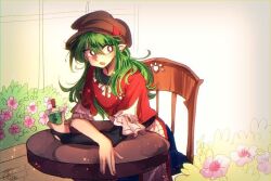 Rule 34 | 1other, alternate costume, androgynous, arms on table, bad id, bad pixiv id, black shirt, blue skirt, bow, bowtie, brown hat, cabbie hat, chair, crossed arms, cup, disposable cup, fang, flower, flower bed, frilled sleeves, frills, green hair, hat, holding, holding cup, indoors, layered shirt, layered sleeves, len&#039;en, long hair, long sleeves, open mouth, pink flower, pointy ears, red eyes, red shirt, ribbon, ribbon-trimmed shirt, shirt, short over long sleeves, short sleeves, single sleeve, sitting, skirt, table, taira no fumikado, upper body, white bow, white bowtie, white ribbon, window, yukkyon kyon