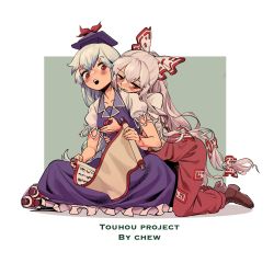 Rule 34 | 2girls, artist name, blue dress, blue headwear, blush stickers, boots, bow, brown footwear, chenwei jun, chinese commentary, collarbone, commentary request, copyright name, dress, frilled dress, frills, fujiwara no mokou, full body, grey hair, hair bow, half-closed eyes, half updo, hand on another&#039;s chest, head on another&#039;s shoulder, highres, holding, holding scroll, kamishirasawa keine, long dress, long hair, multiple girls, multiple hair bows, neckerchief, open mouth, pants, ponytail, puffy short sleeves, puffy sleeves, red eyes, red neckerchief, red pants, scroll, shirt, short sleeves, suspenders, touhou, very long hair, white shirt, yuri