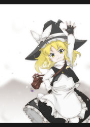 Rule 34 | 1girl, apron, arm up, bag, black skirt, blonde hair, bow, braid, fingerless gloves, frilled hat, frilled skirt, frills, gloves, hair bow, hand on own hip, hand up, handbag, hat, kirisame marisa, letterboxed, long sleeves, mountain, mushroom, outstretched arm, silhouette, single braid, skirt, snow, snowing, solo, sweater, touhou, turtleneck, vest, witch hat, yellow eyes, yukihiko (sky sleep)