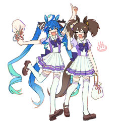 Rule 34 | 2girls, ^ ^, ahoge, animal ears, arm up, bag, blue hair, blush stickers, bow, bowtie, brown footwear, brown hair, closed eyes, crossed bangs, didi (whaqlrpwjd), fang, fox mask, holding, holding bag, horse ears, horse girl, horse tail, inari one (umamusume), index finger raised, long hair, mask, mask on head, multiple girls, onsen symbol, open mouth, outstretched arms, purple shirt, sailor collar, school uniform, shirt, shoes, short hair, short sleeves, simple background, skirt, smile, tail, tracen school uniform, twin turbo (umamusume), twintails, umamusume, very long hair, walking, white background, white skirt