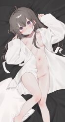 Rule 34 | 1girl, absurdres, antenna hair, arms up, bathrobe, black hair, blush, breasts, feet out of frame, grey eyes, highres, long hair, looking at viewer, lying, mole, mole under eye, naked robe, on back, open clothes, open robe, original, pillow, robe, rubyaano (ducl323), sleeves past wrists, small breasts, solo