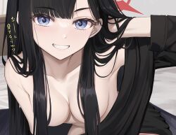 Rule 34 | 1girl, arm behind back, arm up, bare shoulders, bed, bed sheet, black hair, black shirt, blue archive, blue eyes, blunt bangs, breasts, collarbone, commentary, grin, halo, highres, ichika (blue archive), indoors, long hair, looking at viewer, medium breasts, off shoulder, parted bangs, red halo, ryouta (ryouta335), shirt, smile, solo