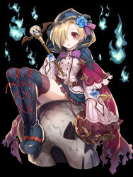 Rule 34 | :o, belt, black background, black thighhighs, blonde hair, blue flower, blue rose, blush, boots, buttons, cloak, cross-laced footwear, flower, hair flower, hair ornament, hair over one eye, highres, hitodama, hood, hooded cloak, idolmaster, idolmaster cinderella girls, lace-up boots, long sleeves, looking at viewer, open mouth, raiou, red thighhighs, rose, shirasaka koume, short hair, simple background, sitting, skirt, skull, sleeves past wrists, solo, staff, striped clothes, striped thighhighs, thigh boots, thighhighs, vertical-striped clothes, vertical-striped thighhighs, wide sleeves, zettai ryouiki
