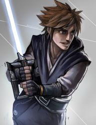Rule 34 | 1boy, absurdres, bad id, bad twitter id, belt, blue eyes, brown hair, chain, energy sword, fingerless gloves, gloves, highres, holding, holding weapon, kingdom hearts, lightsaber, male focus, nathaniel himawan, parody, solo, sora (kingdom hearts), star wars, sword, twitter username, upper body, weapon